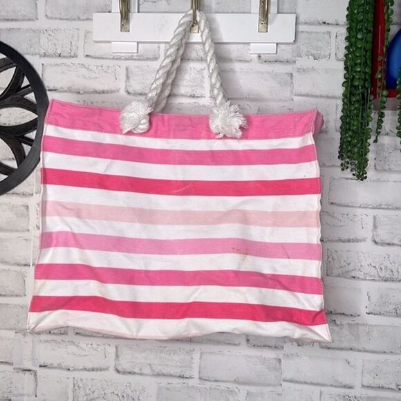 Victoria’s Secret Pink & White Striped Tote Bag Rope Handles Beach Pool - Picture 5 of 6